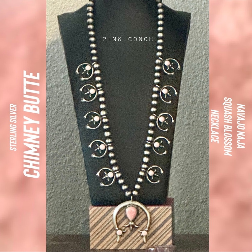 Navajo squash blossom Chimney Butte pink queen conch sterling silver necklace